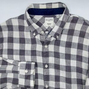 Baird McNutt Gingham Linen Shirt Men's XL Murano Slim Fit Long Sleeve Gray White